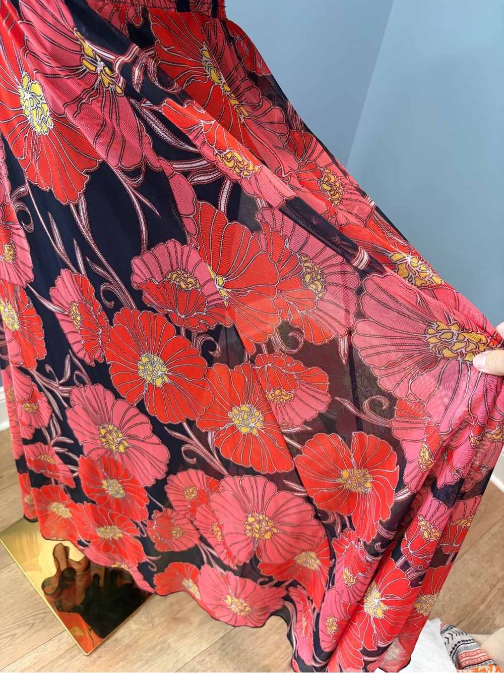 Kate & Lily Red Pink Floral Maxi Dress Size 6 Cape Overlay Flutter Sleeve Lined - Picture 3 of 11
